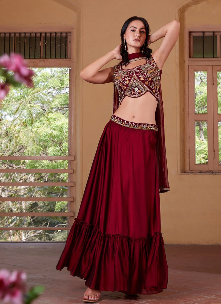 Wine Red Elegant Wedding Lehenga Set with Dupatta