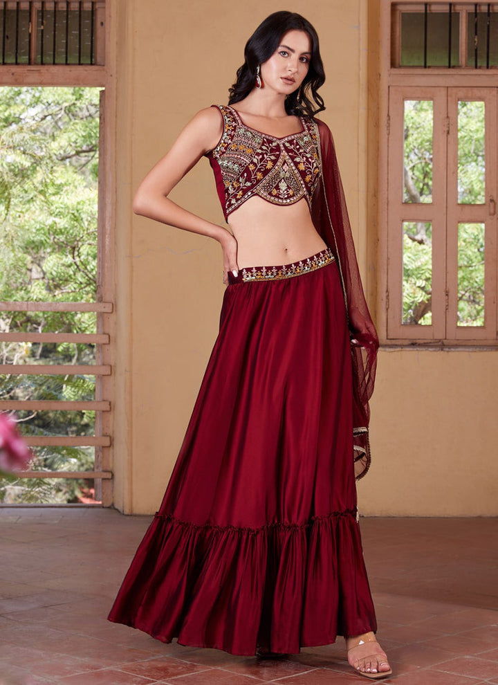 Wine Red Elegant Wedding Lehenga Set with Dupatta