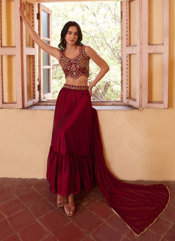 Wine Red Elegant Wedding Lehenga Set with Dupatta