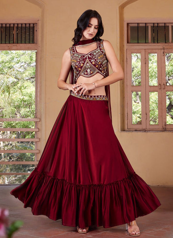 Wine Red Elegant Wedding Lehenga Set with Dupatta