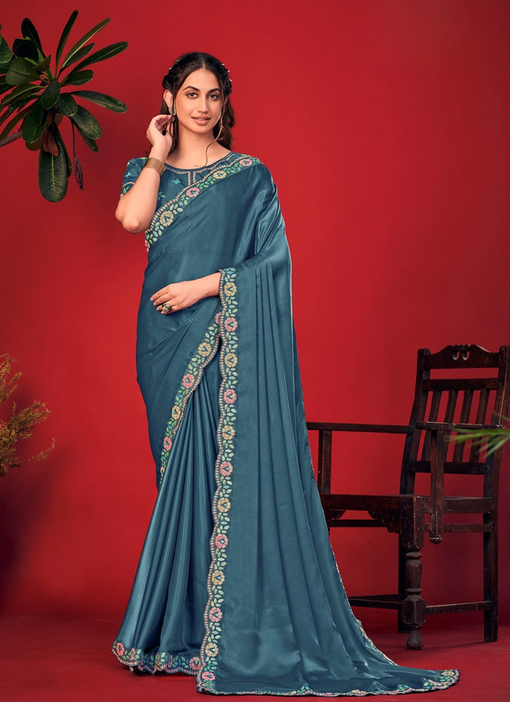 Lassya Fashion Teal Blue Charvi Party Wear Saree with Fancy Embroidery Work