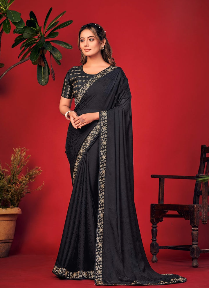 Lassya Fashion Dark Black Charvi Party Wear Saree with Fancy Embroidery Work