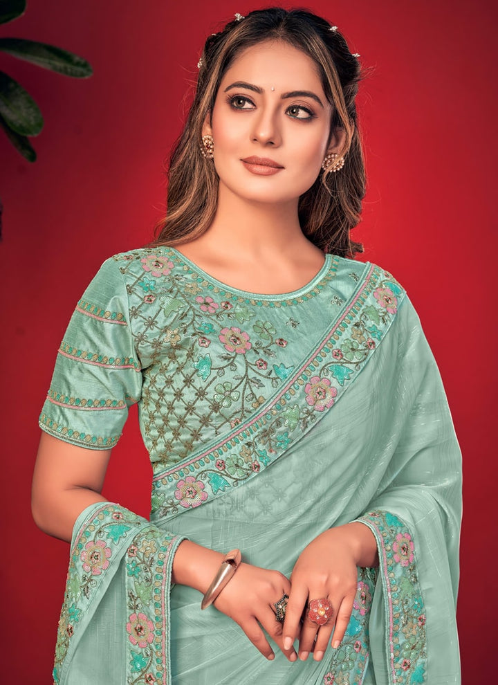 Lassya Fashion Sea Green Charvi Party Wear Saree with Fancy Embroidery Work