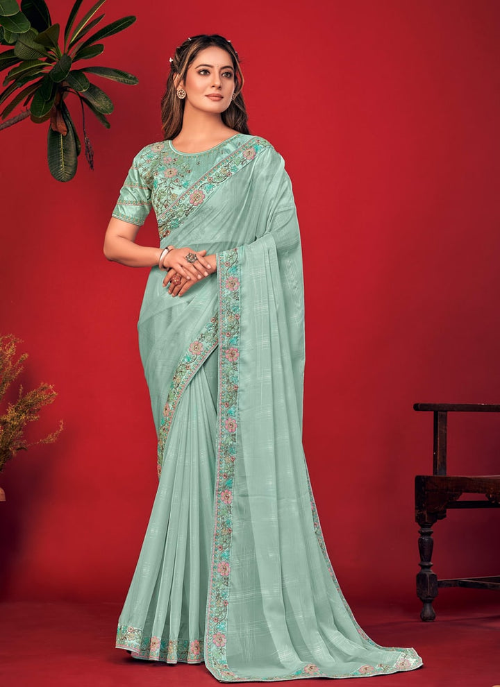 Lassya Fashion Sea Green Charvi Party Wear Saree with Fancy Embroidery Work