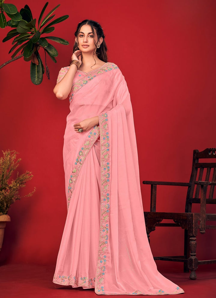 Lassya Fashion Baby Pink Charvi Party Wear Saree with Fancy Embroidery Work