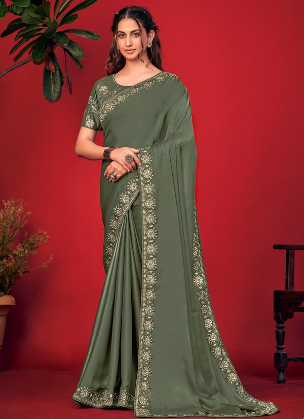 Lassya Fashion Olive Green Charvi Party Wear Saree with Fancy Embroidery Work