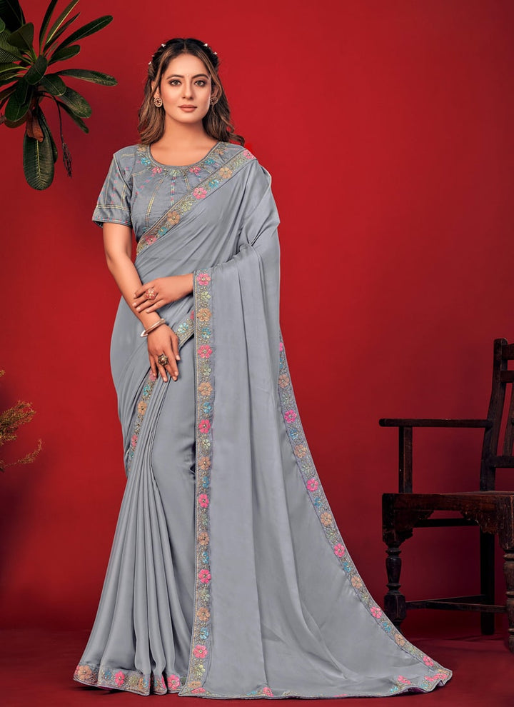 Lassya Fashion Grey Charvi Party Wear Saree with Fancy Embroidery Work