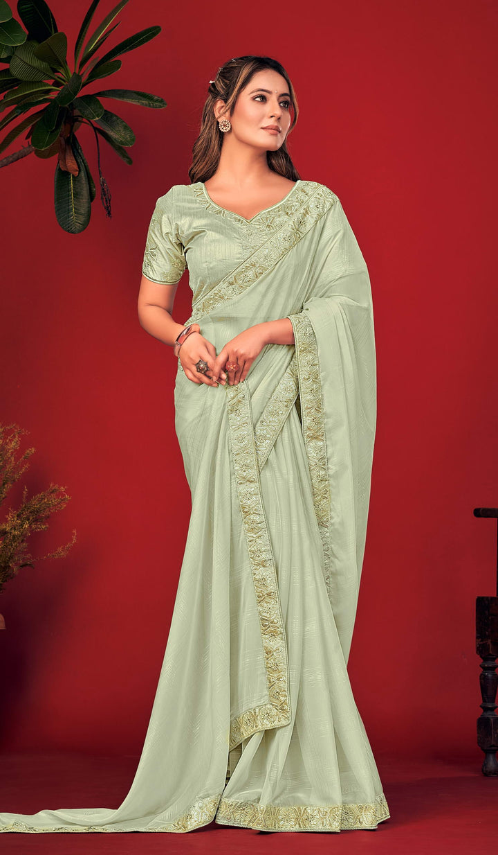 Lassya Fashion Pista Green Charvi Party Wear Saree with Fancy Embroidery Work