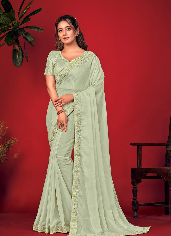 Lassya Fashion Pista Green Charvi Party Wear Saree with Fancy Embroidery Work