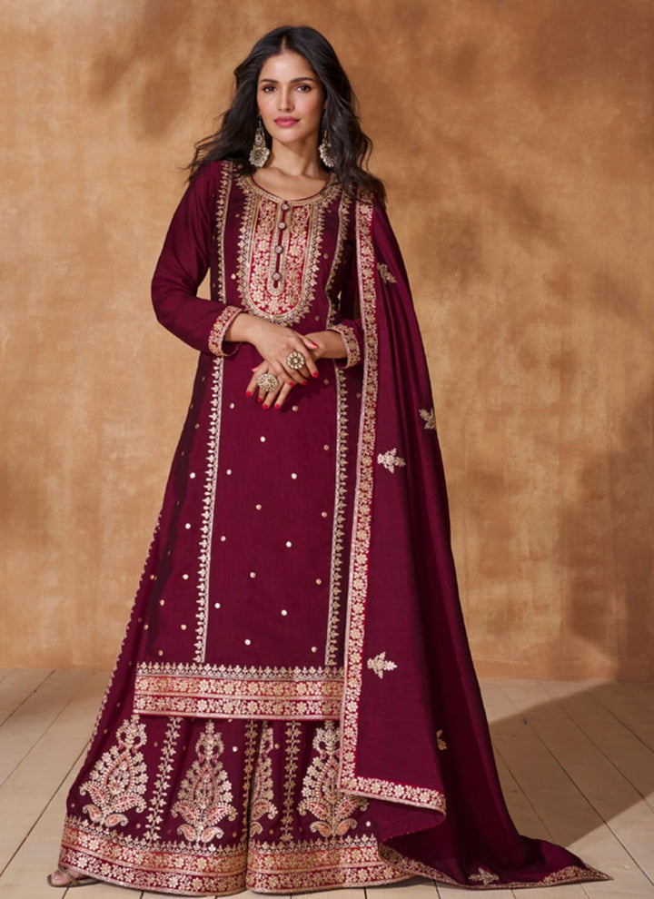 Lassya Fashion Maroon Premium Silk Palazzo Suit Set