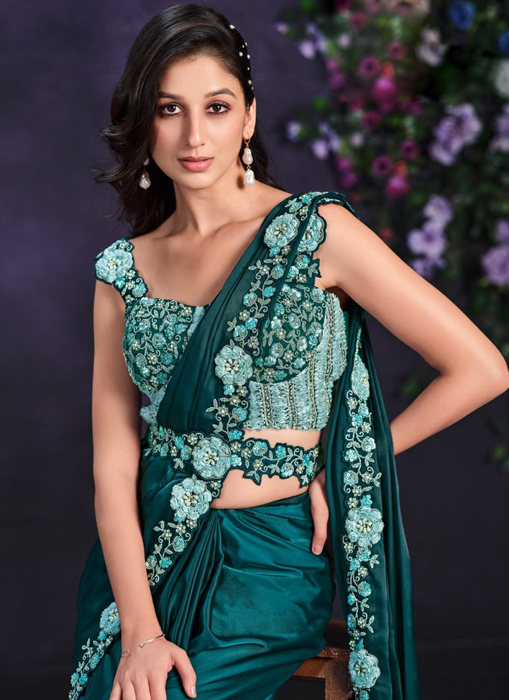 Lassya Fashion Bottle Green Pre-Stitched Designer Saree with Blouse and Belt