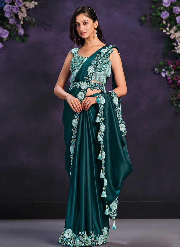 Lassya Fashion Bottle Green Pre-Stitched Designer Saree with Blouse and Belt