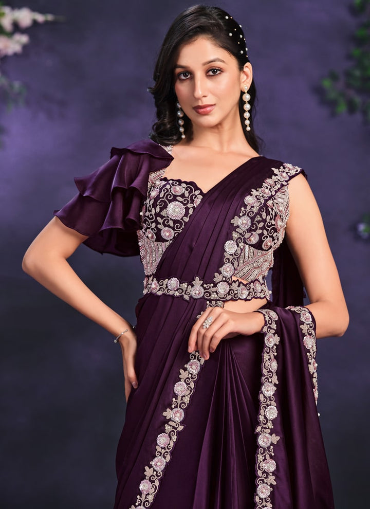 Lassya Fashion Purple Pre-Stitched Designer Saree with Blouse and Belt