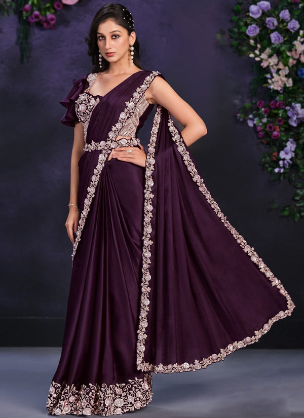 Lassya Fashion Purple Pre-Stitched Designer Saree with Blouse and Belt