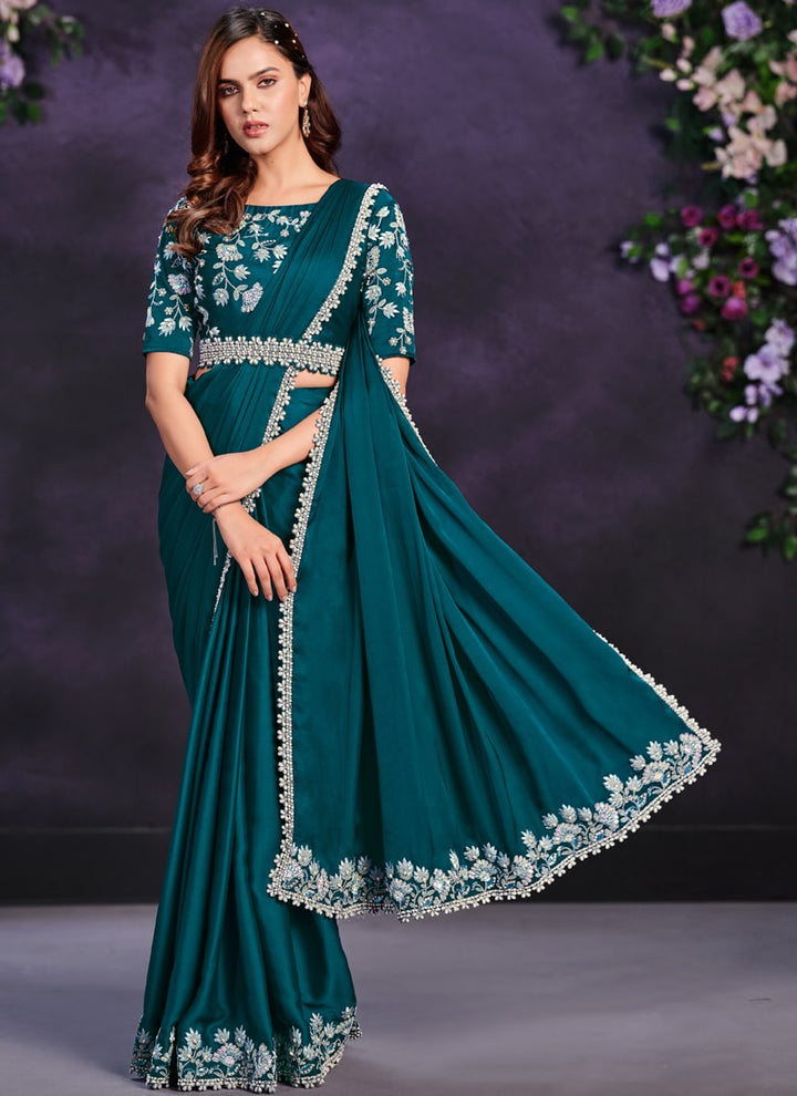 Lassya Fashion Teal Green Pre-Stitched Designer Saree with Blouse and Belt