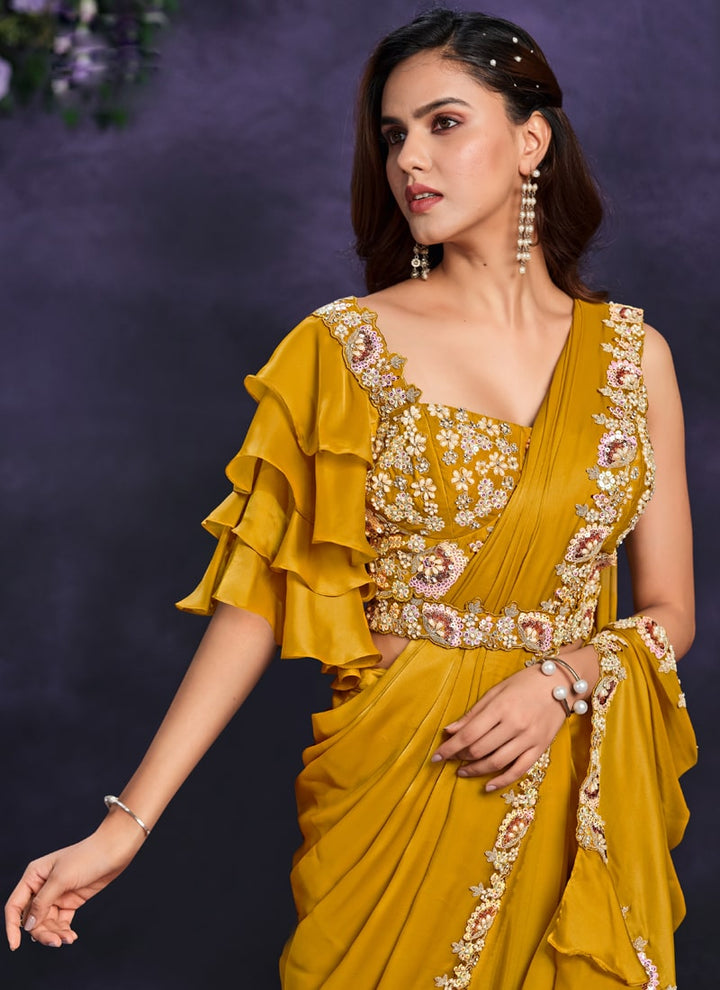 Lassya Fashion Mustard Yellow Pre-Stitched Designer Saree with Blouse and Belt