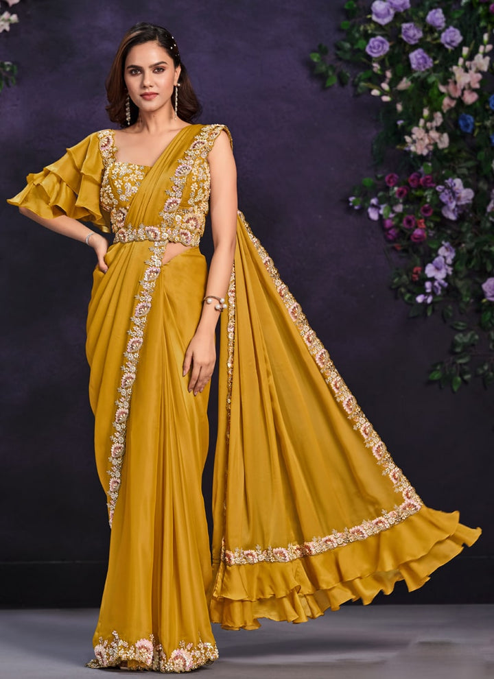 Lassya Fashion Mustard Yellow Pre-Stitched Designer Saree with Blouse and Belt