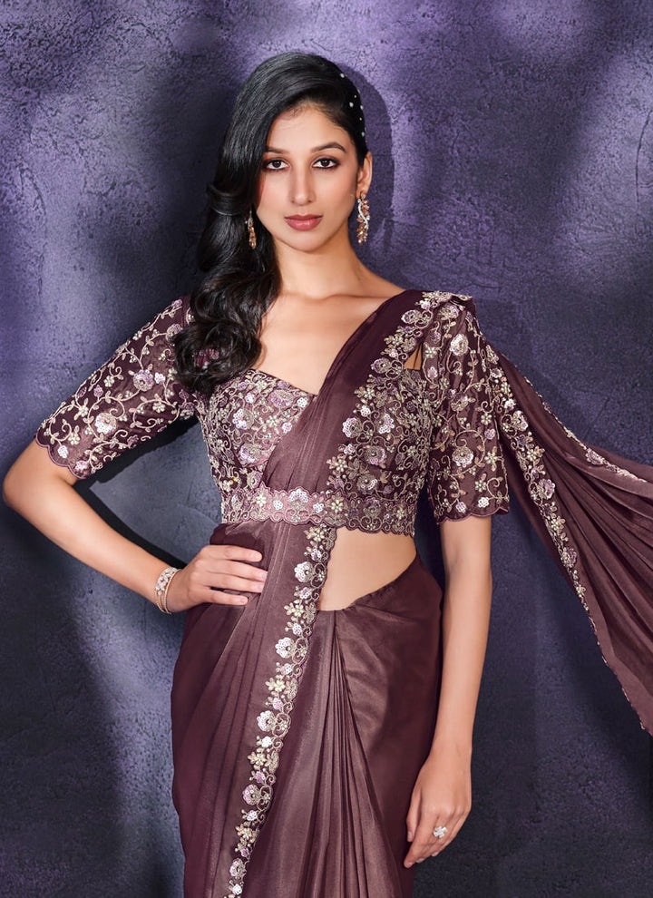 Lassya Fashion Mauve-Brown Pre-Stitched Designer Saree with Blouse and Belt