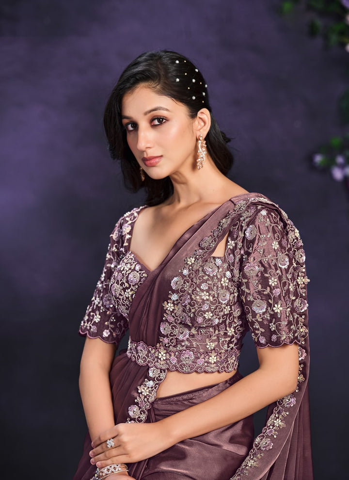 Lassya Fashion Mauve-Brown Pre-Stitched Designer Saree with Blouse and Belt