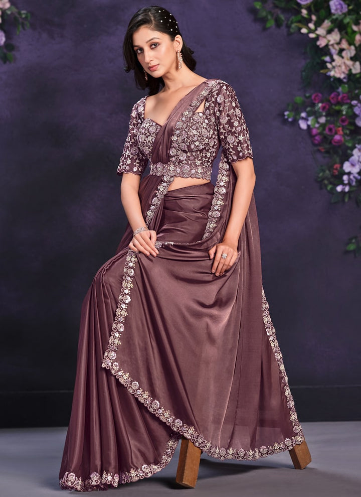 Lassya Fashion Mauve-Brown Pre-Stitched Designer Saree with Blouse and Belt