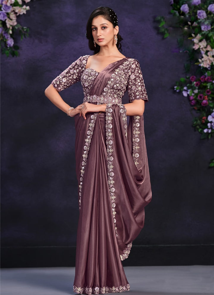 Lassya Fashion Mauve-Brown Pre-Stitched Designer Saree with Blouse and Belt