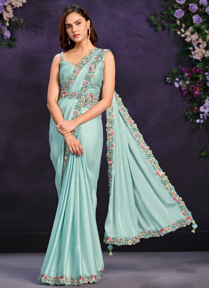 Lassya Fashion Sea Green Pre-Stitched Designer Saree with Blouse and Belt