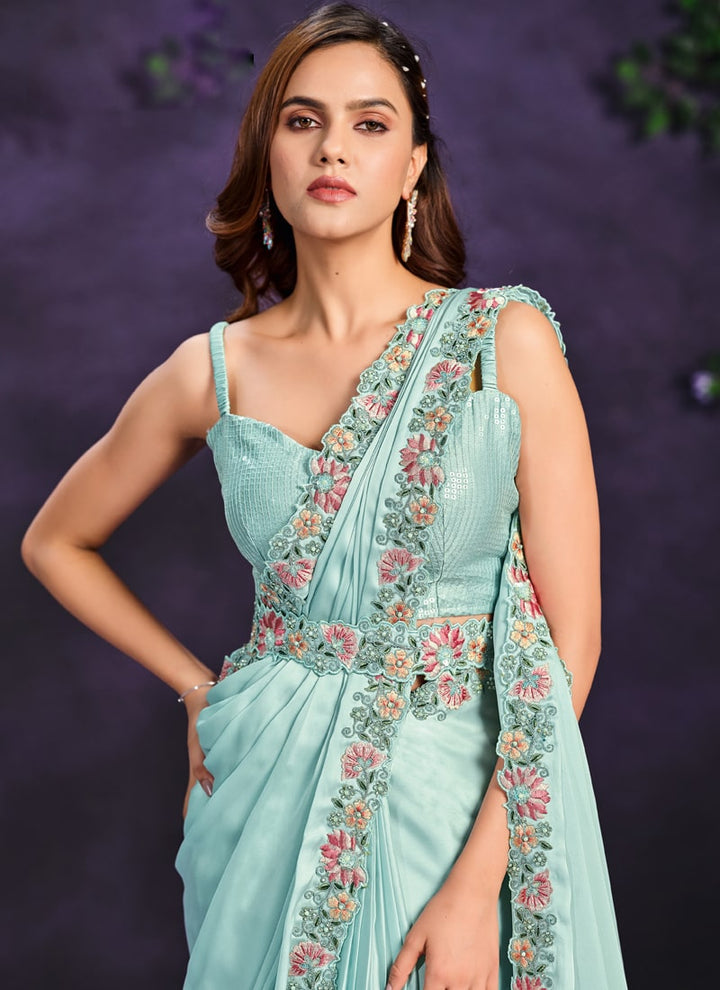 Lassya Fashion Sea Green Pre-Stitched Designer Saree with Blouse and Belt