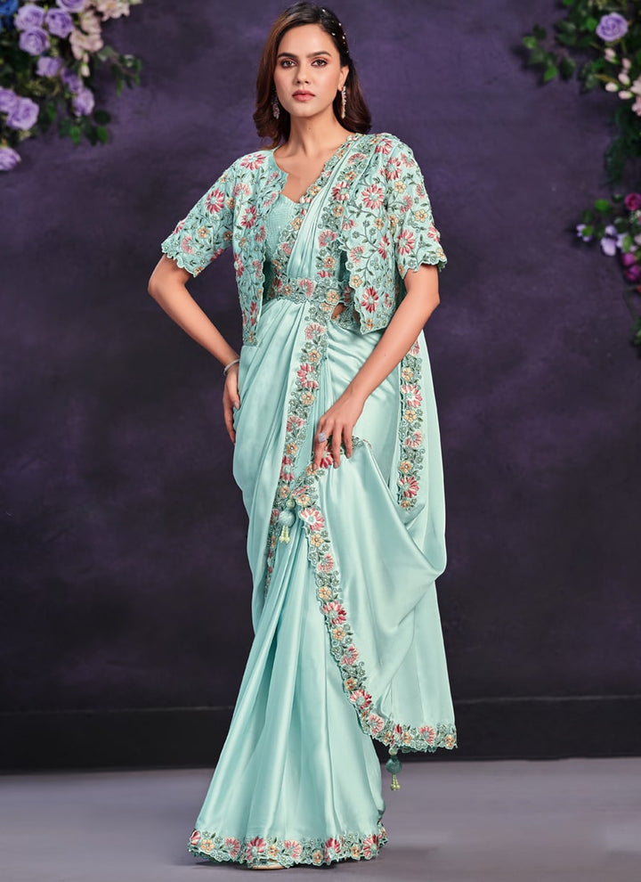 Lassya Fashion Sea Green Pre-Stitched Designer Saree with Blouse and Belt