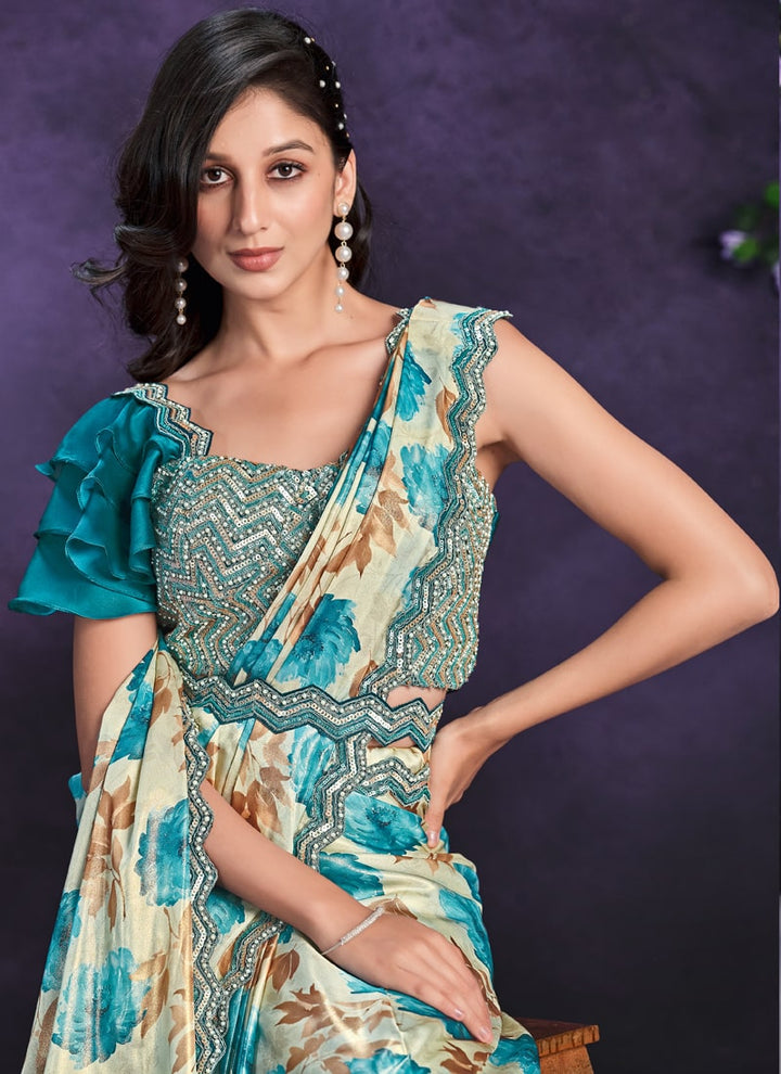 Lassya Fashion Peacock Blue Pre-Stitched Designer Saree with Blouse and Belt