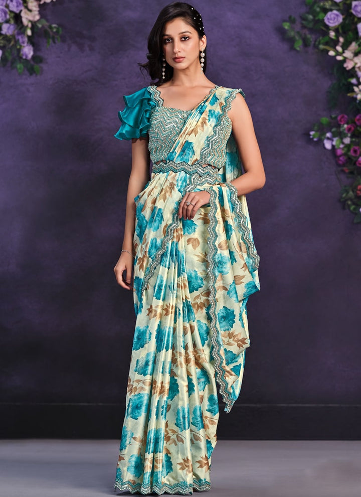 Lassya Fashion Peacock Blue Pre-Stitched Designer Saree with Blouse and Belt