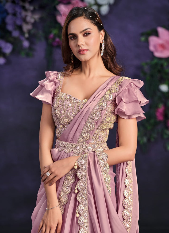 Lassya Fashion Rose Pink Pre-Stitched Designer Saree with Blouse and Belt