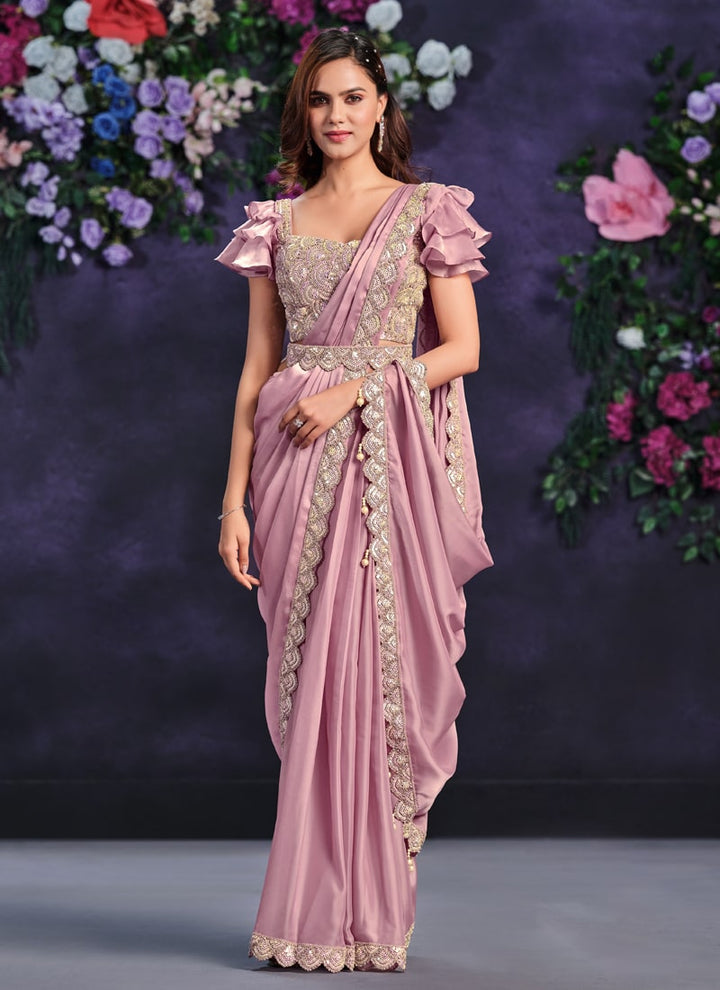 Lassya Fashion Rose Pink Pre-Stitched Designer Saree with Blouse and Belt