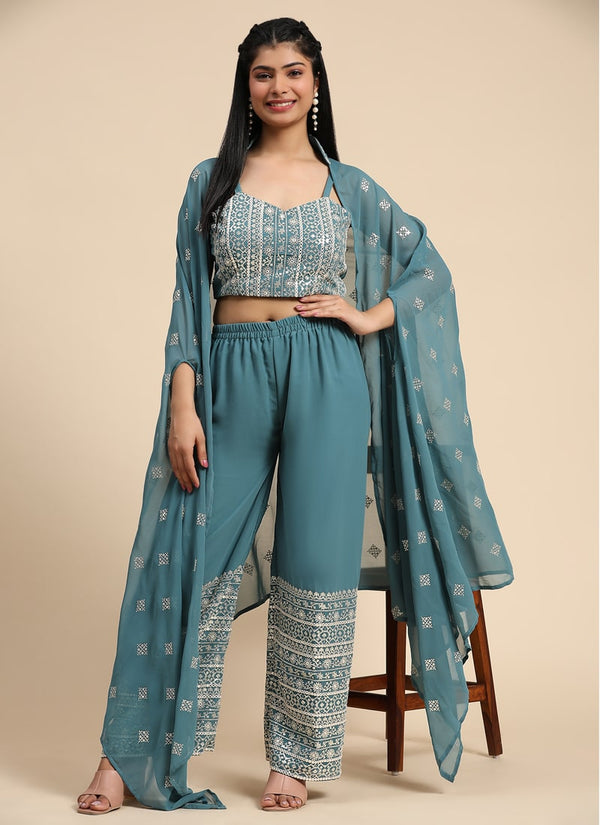 Lassya Fashion Teal Blue Embroidered Georgette Crop Top and Palazzo Set with Shrug