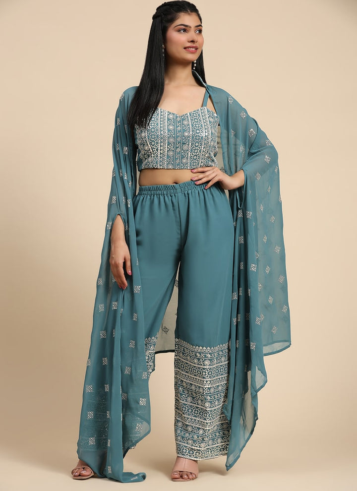 Lassya Fashion Teal Blue Embroidered Georgette Crop Top and Palazzo Set with Shrug