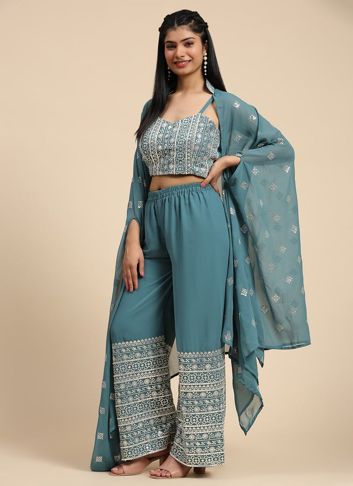 Lassya Fashion Teal Blue Embroidered Georgette Crop Top and Palazzo Set with Shrug