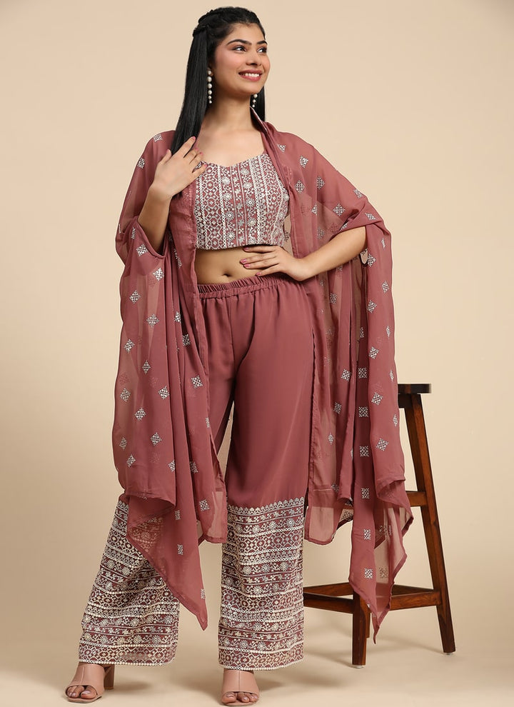 Lassya Fashion Mauve Embroidered Georgette Crop Top and Palazzo Set with Shrug