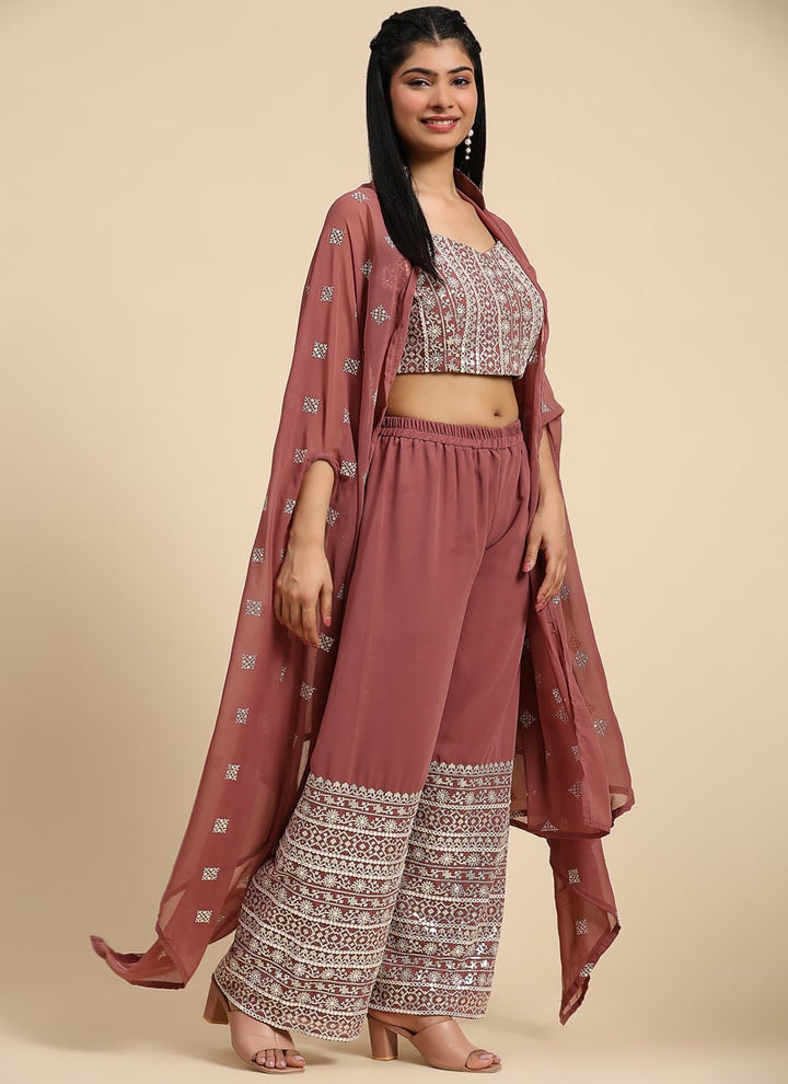 Lassya Fashion Mauve Embroidered Georgette Crop Top and Palazzo Set with Shrug