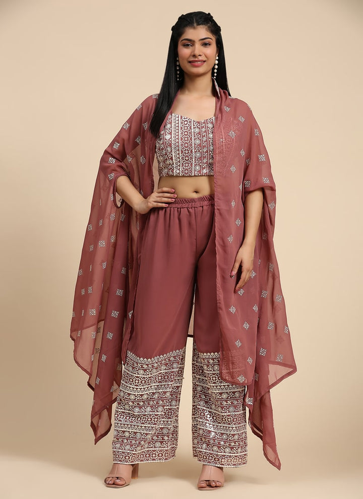 Lassya Fashion Mauve Embroidered Georgette Crop Top and Palazzo Set with Shrug