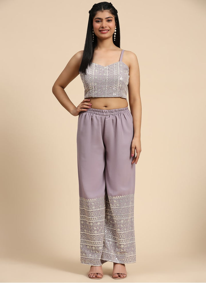 Lassya Fashion Lavender Embroidered Georgette Crop Top and Palazzo Set with Shrug