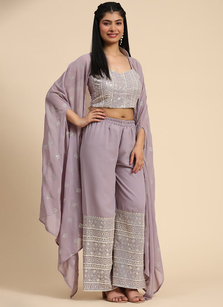 Lassya Fashion Lavender Embroidered Georgette Crop Top and Palazzo Set with Shrug