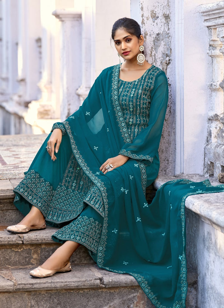 Lassya Fashion Teal Green Thread Embroidered Palazzo Suit Set in Glory Silk