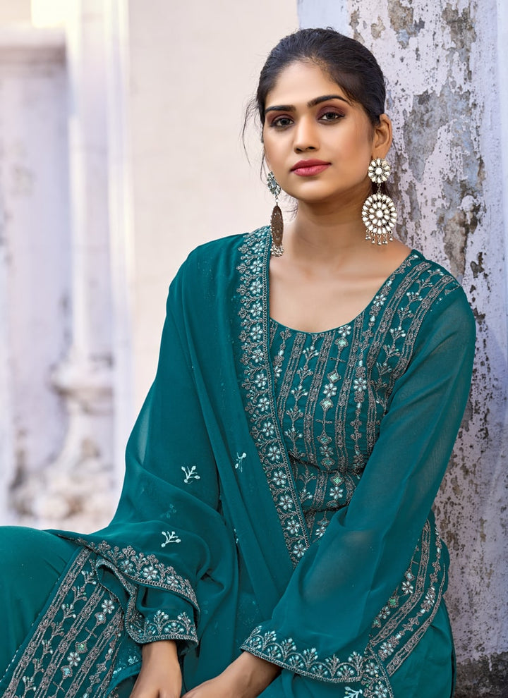 Lassya Fashion Teal Green Thread Embroidered Palazzo Suit Set in Glory Silk