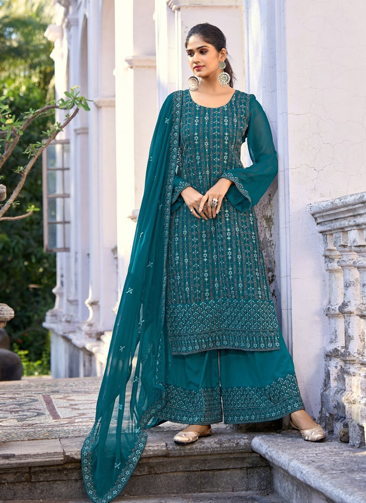 Lassya Fashion Teal Green Thread Embroidered Palazzo Suit Set in Glory Silk