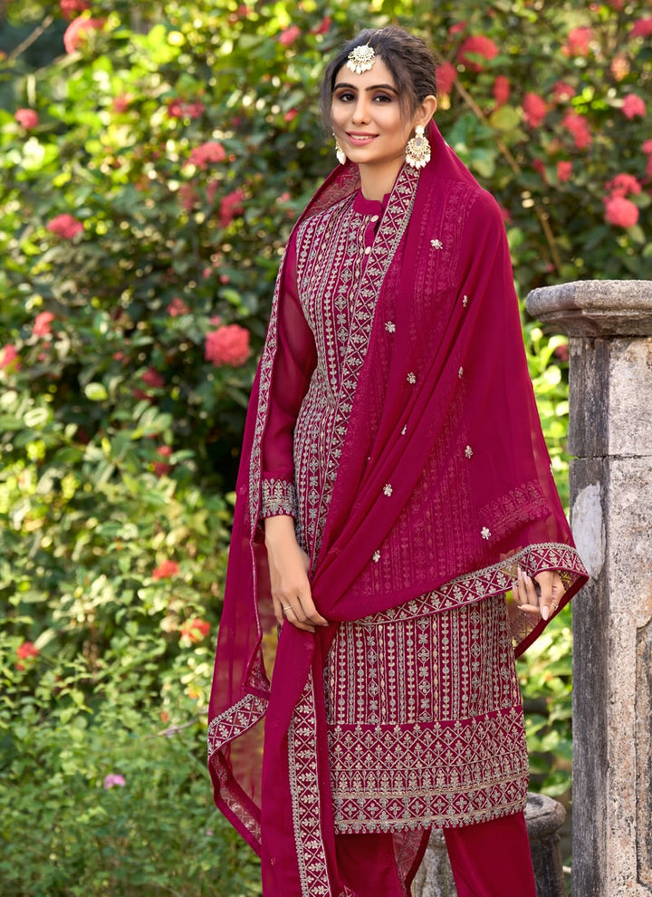 Lassya Fashion Ruby Pink Thread Embroidered Palazzo Suit Set in Glory Silk