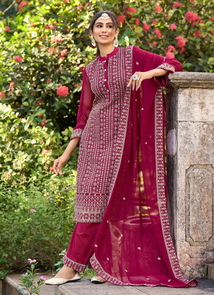 Lassya Fashion Ruby Pink Thread Embroidered Palazzo Suit Set in Glory Silk