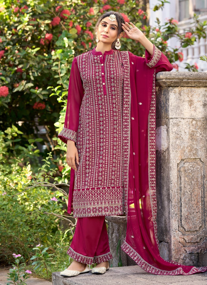 Lassya Fashion Ruby Pink Thread Embroidered Palazzo Suit Set in Glory Silk