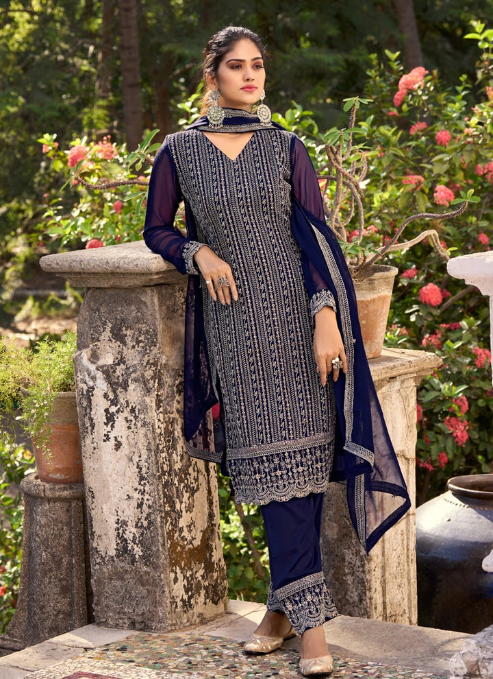 Lassya Fashion Midnight Blue Thread Embroidered Palazzo Suit Set in Glory Silk