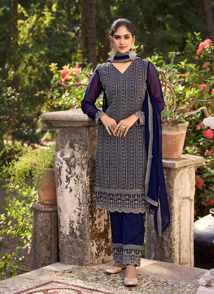 Lassya Fashion Midnight Blue Thread Embroidered Palazzo Suit Set in Glory Silk