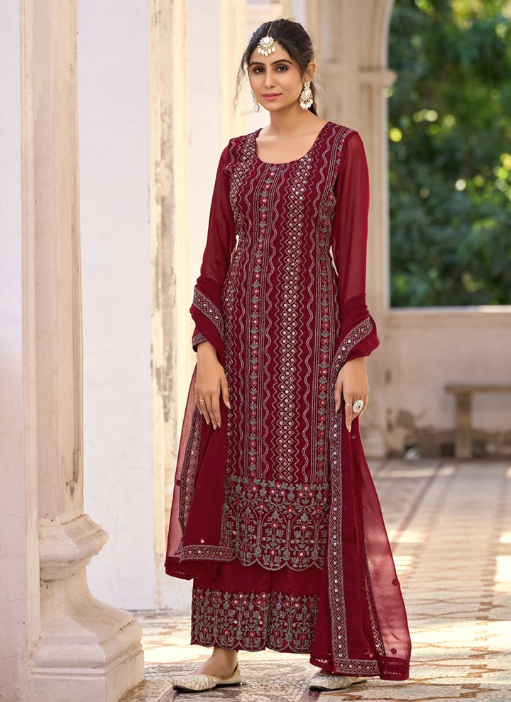 Lassya Fashion Dark Brown Thread Embroidered Palazzo Suit Set in Glory Silk