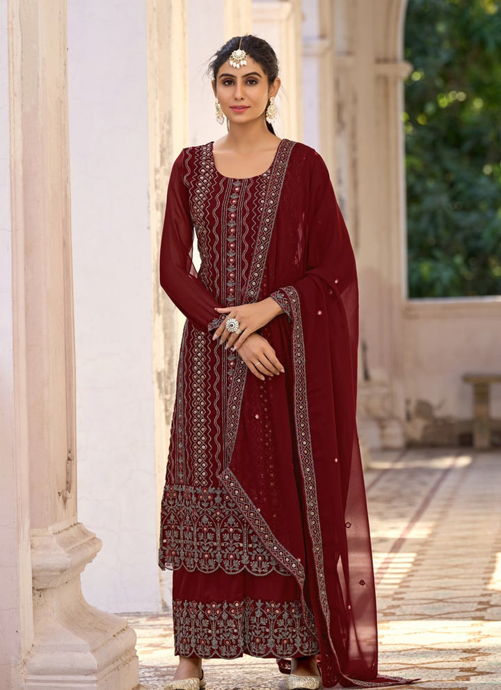 Lassya Fashion Dark Brown Thread Embroidered Palazzo Suit Set in Glory Silk